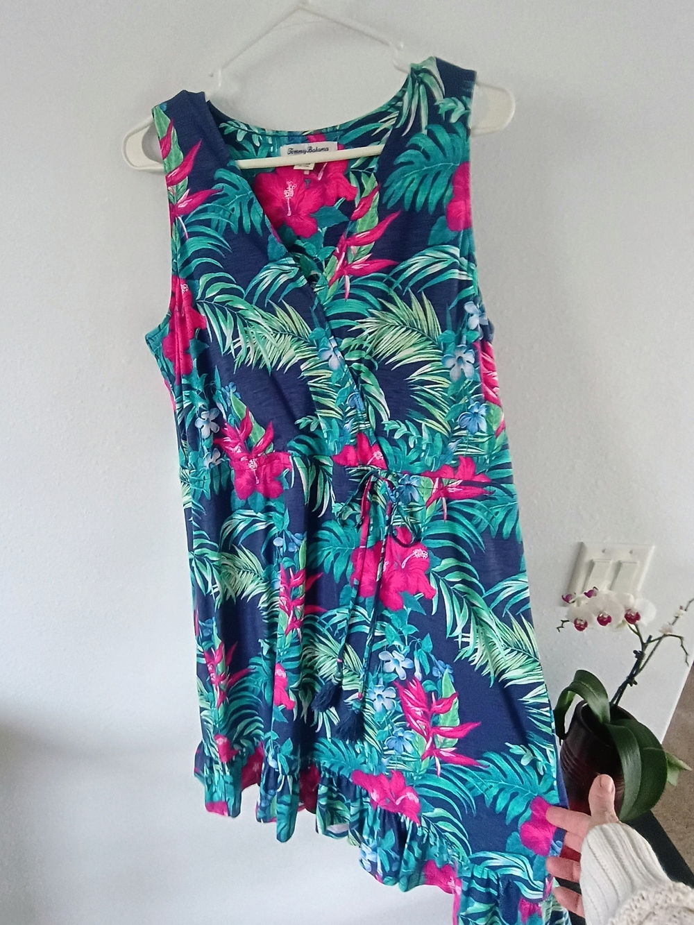 Tommy Bahama Tropical Hibiscus Palm Print Tassel Waist Resort Dress L Cruise 🌺 - Picture 2 of 9